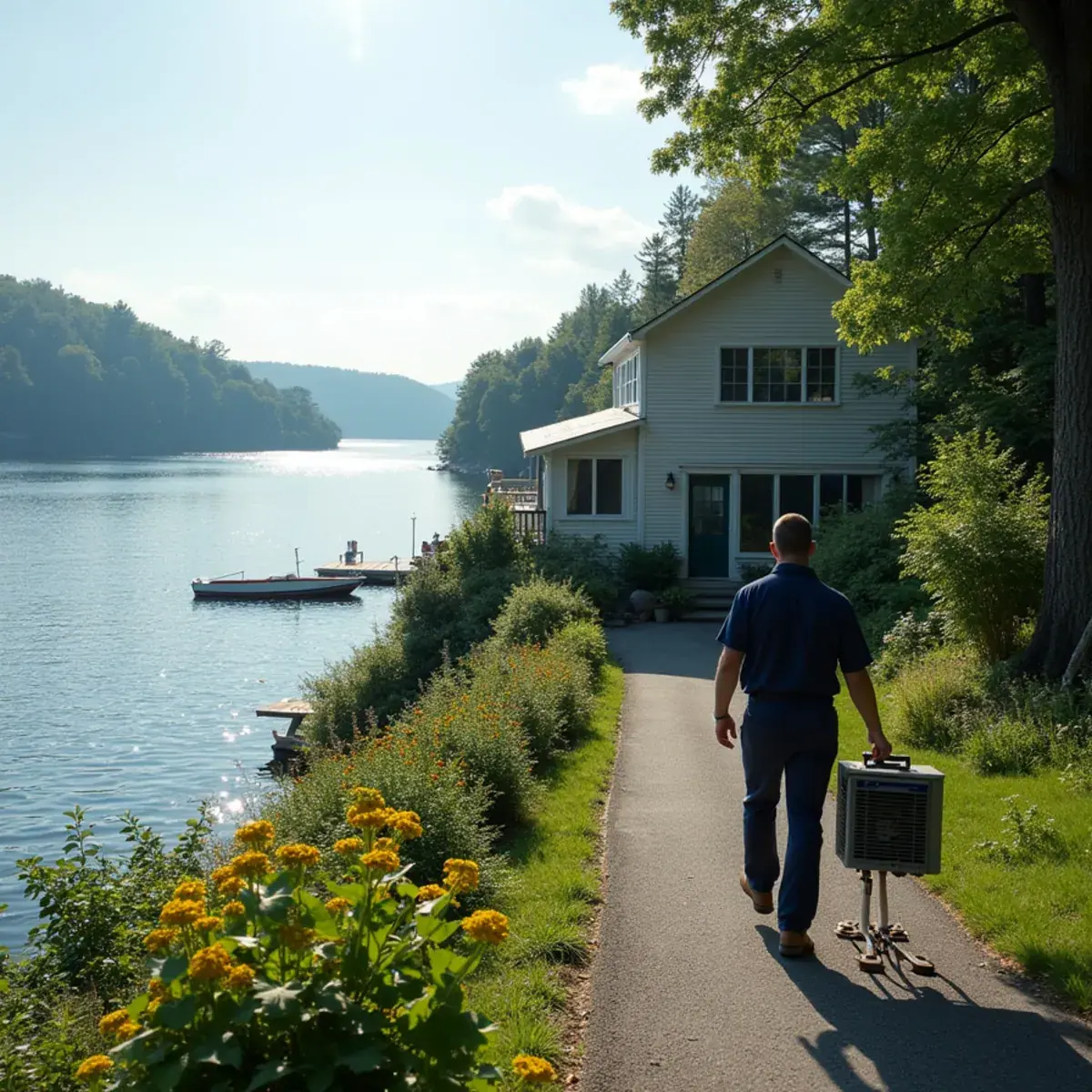 Expanded former summer bungalow on Lake Mahopac in Mahopac, NY with a technician walking a steep driveway