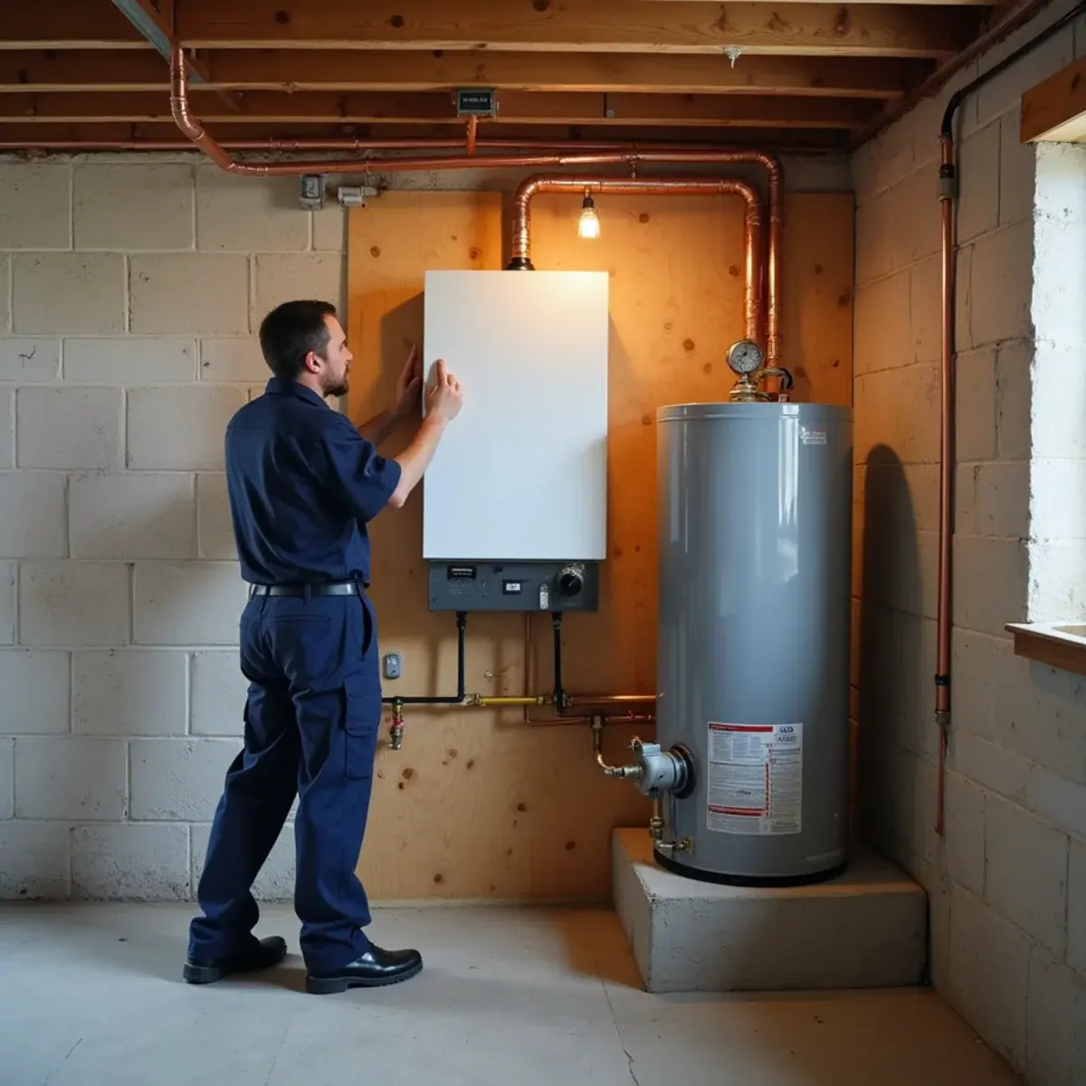 Technician installing a wall-hung boiler above flood level in a Mamaroneck, NY basement