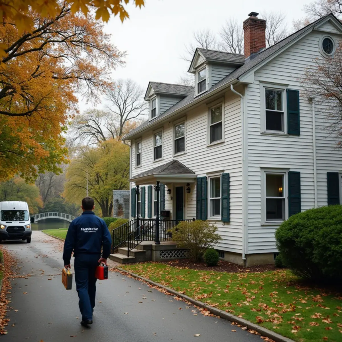 Modest older home near the river in Mamaroneck, NY with a technician arriving for a furnace call
