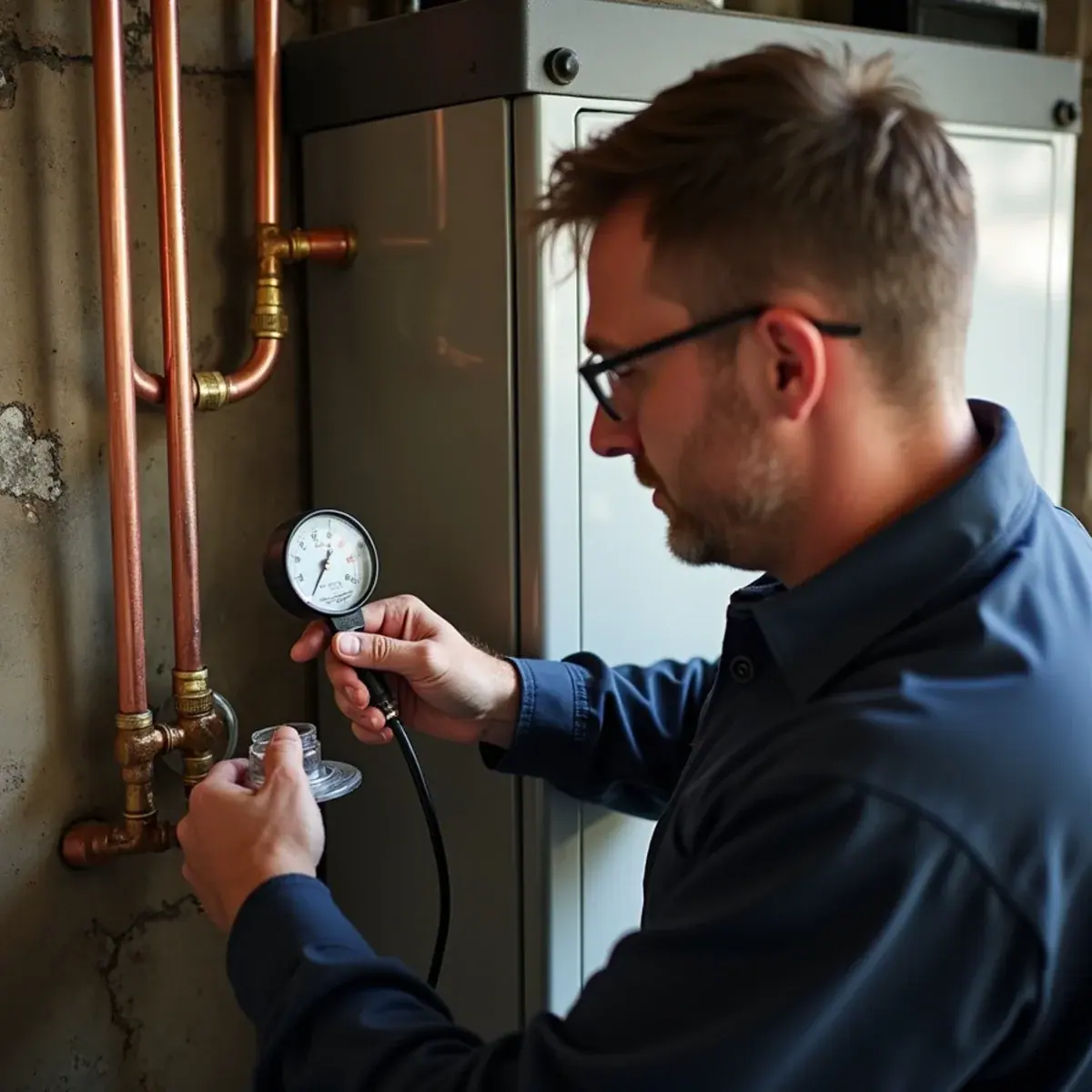 Technician testing a boiler expansion tank in an older Mount Kisco, NY home