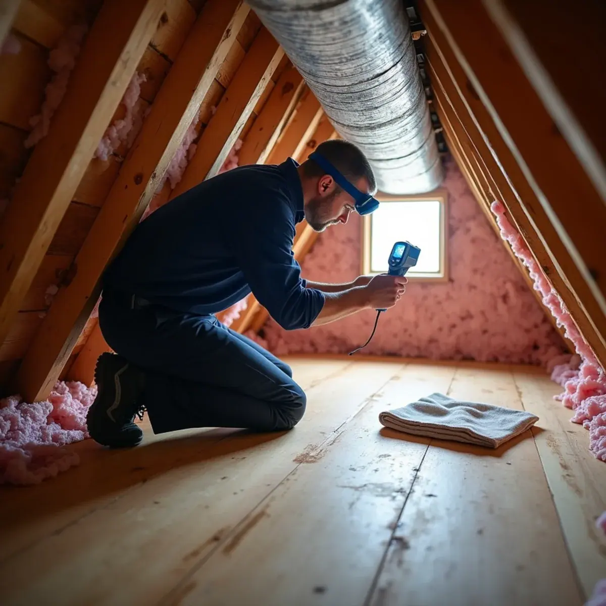 Technician checking attic ductwork behind a knee wall in a Mount Pleasant, NY Cape Cod