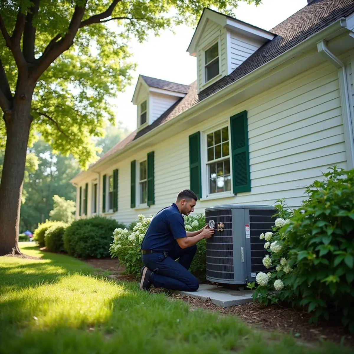 Cape Cod house in Mount Pleasant, NY with a technician reading gauges at a central air condenser