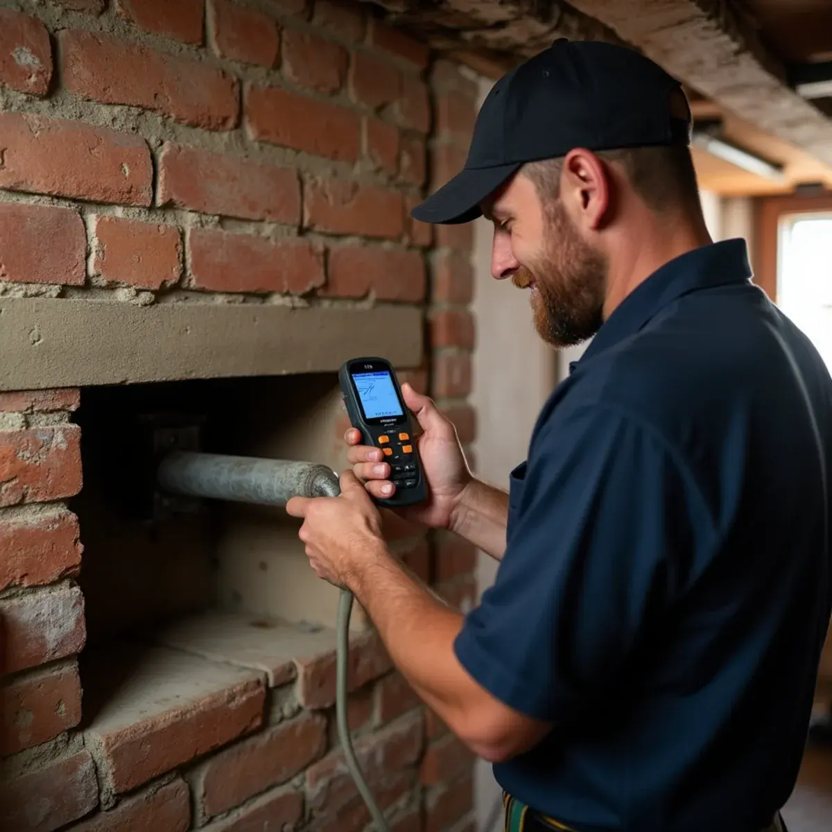 Technician testing boiler venting for carbon monoxide at an old chimney in a Mount Vernon, NY basement