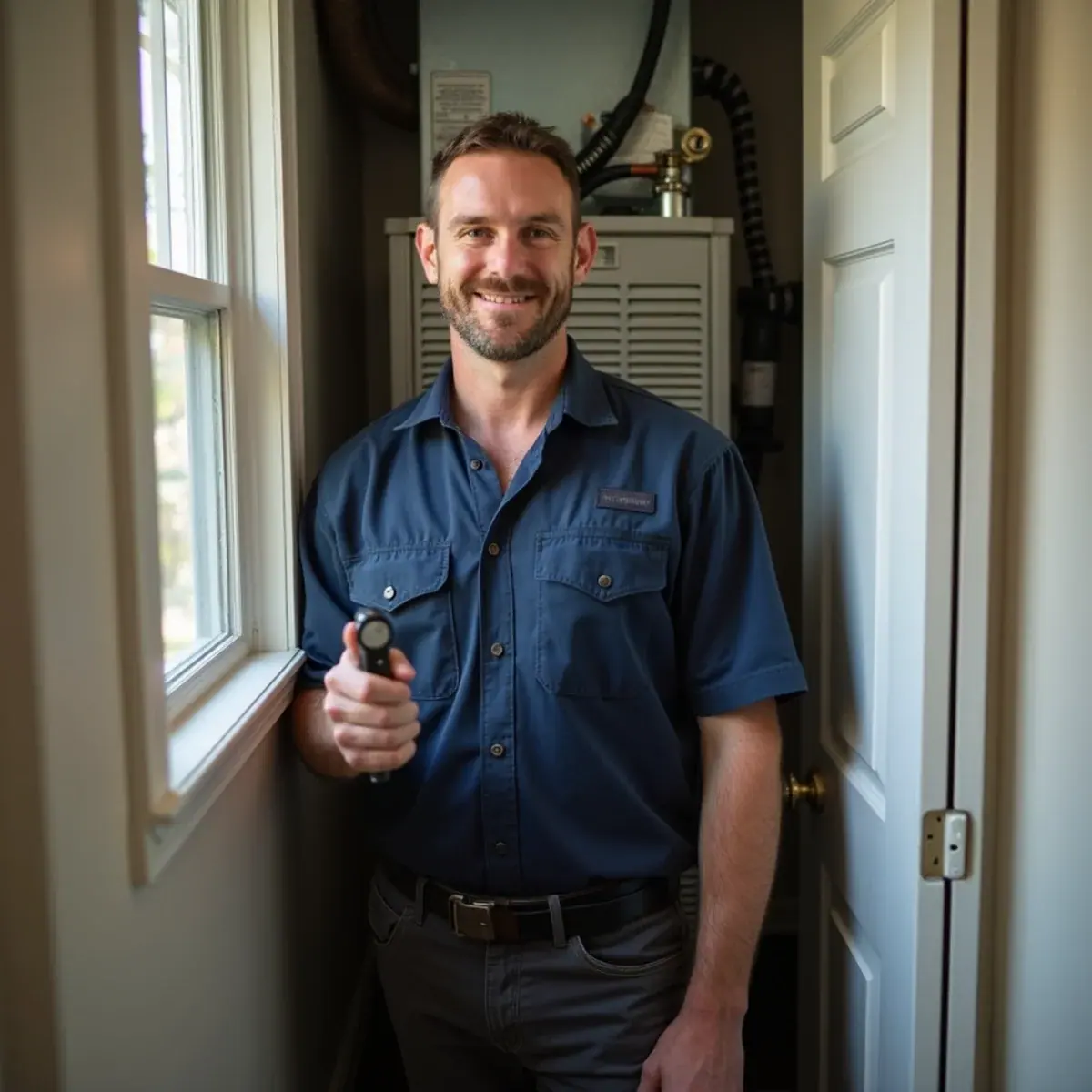 Technician checking airflow at a closet air handler in a Nanuet, NY townhome