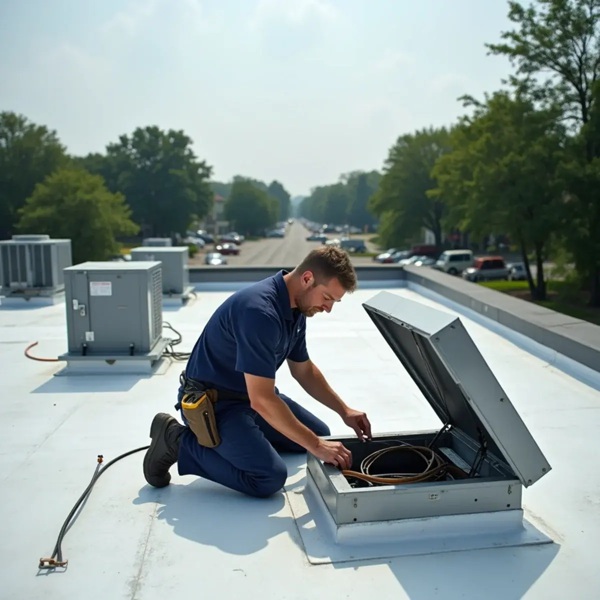 Technician servicing a rooftop HVAC unit above a Route 59 retail building in Nanuet, NY
