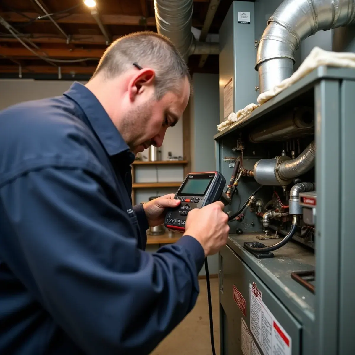 HVAC tech inspecting a 20-year-old furnace heat exchanger in a New City, NY subdivision basement
