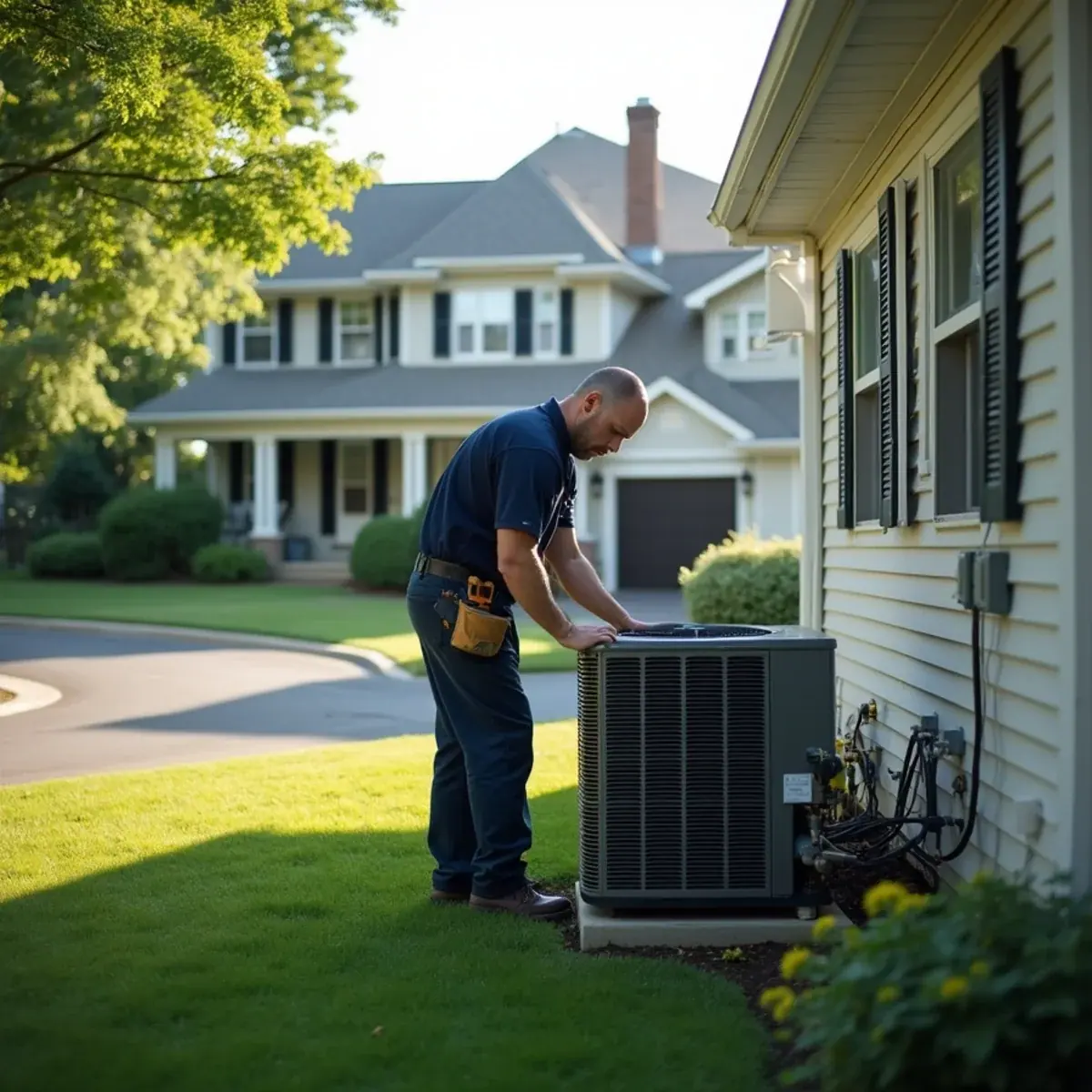 Center-hall colonial in a 1970s New City, NY subdivision with a technician at the rear AC condenser