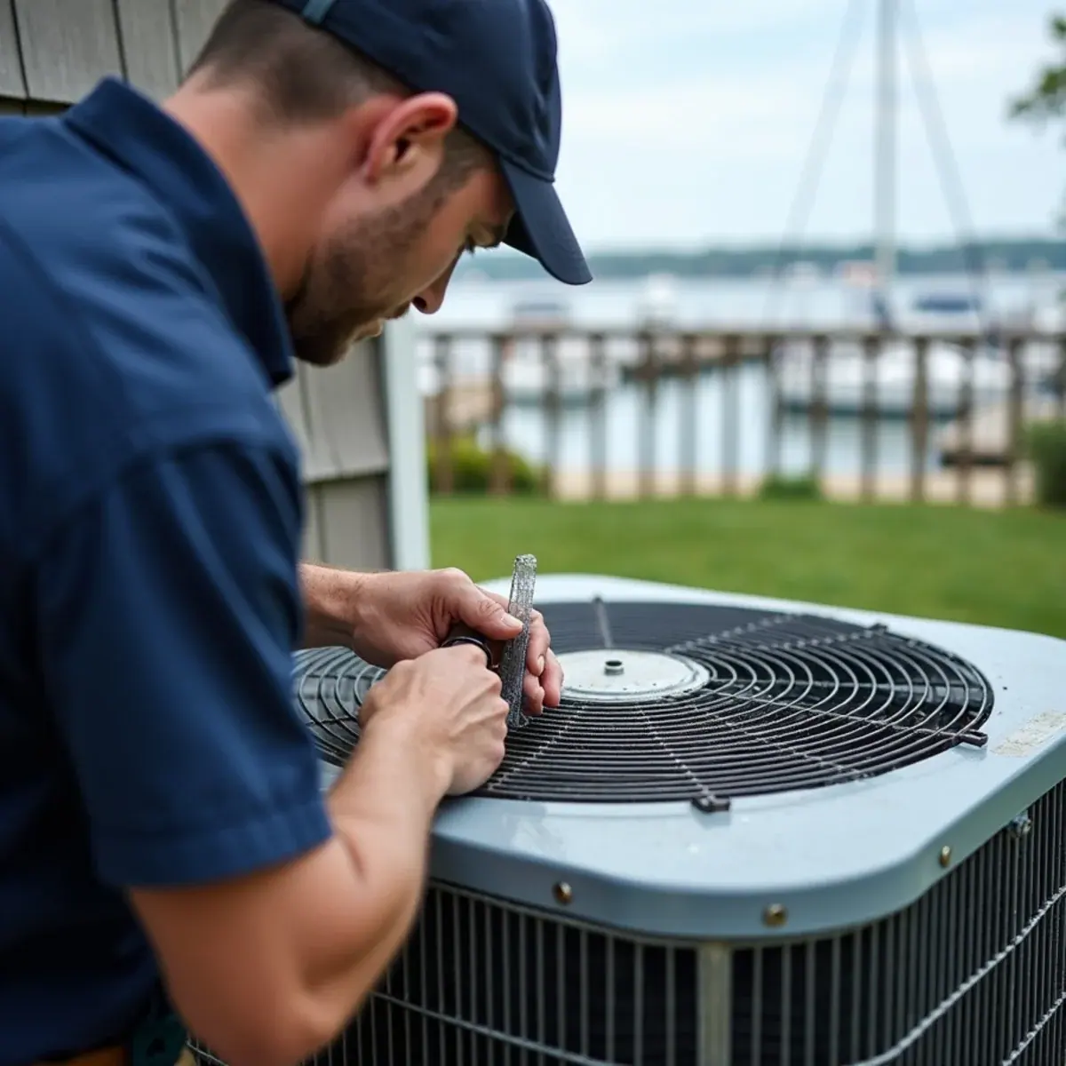 Technician examining salt-corroded condenser fins at a shoreline home in New Rochelle, NY