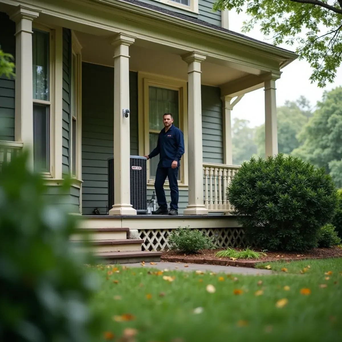 HVAC technician checking a central air condenser beside a Victorian with a wraparound porch in New Rochelle, NY