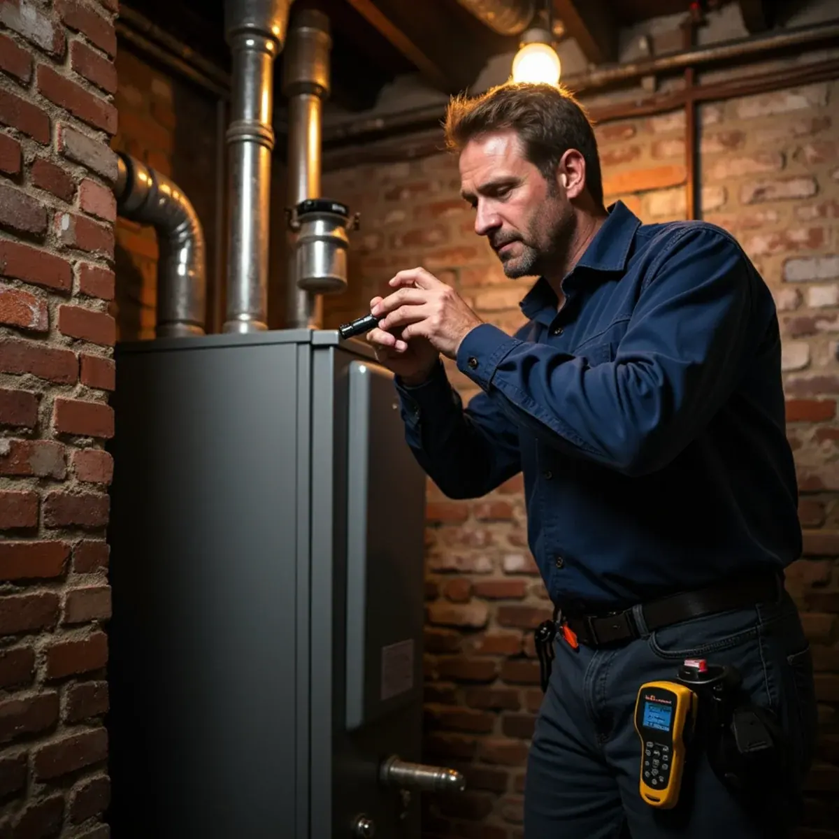 Technician checking a shared steam boiler flue in a Newburgh, NY rowhouse cellar
