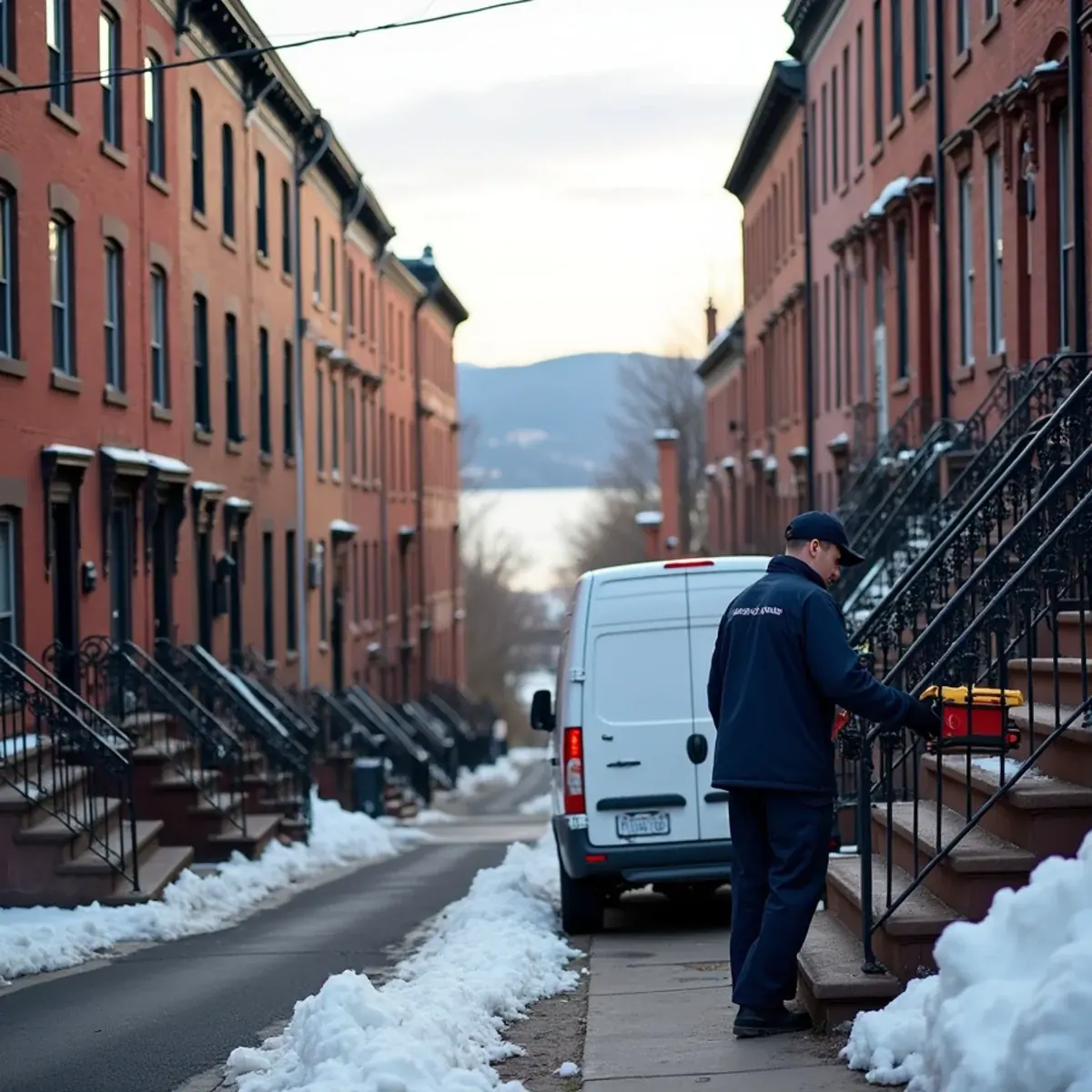 Steep block of 1800s brick rowhouses above the Hudson River in Newburgh, NY with an HVAC technician