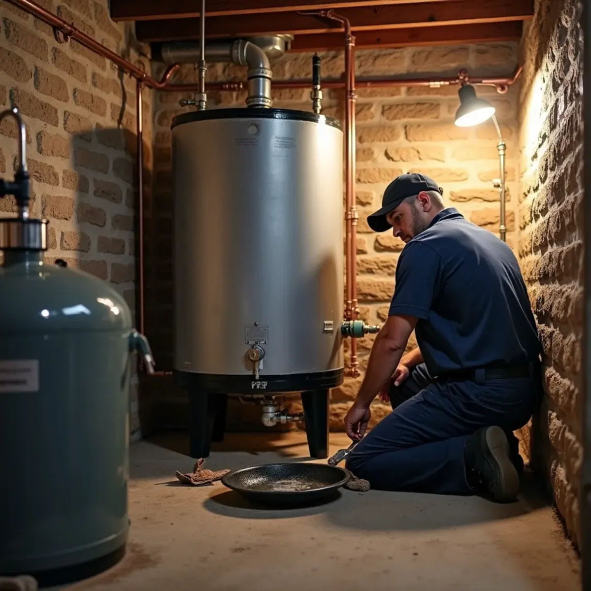 Technician changing the oil filter beside a basement oil tank in a North Castle, NY home