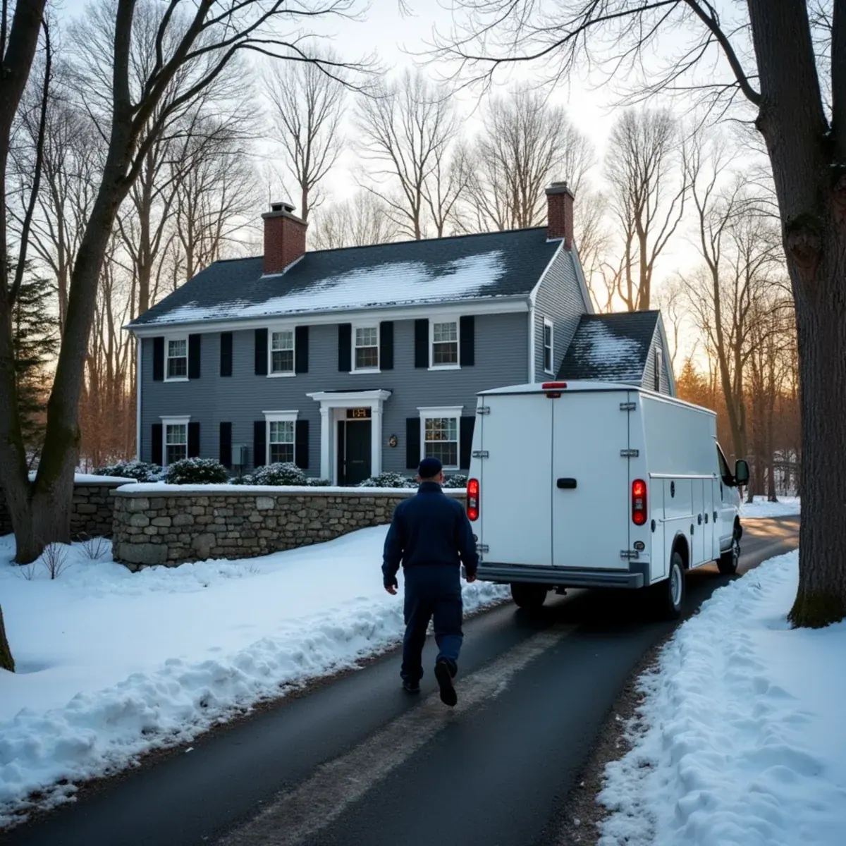 Colonial home on a wooded lot in North Castle, NY with an oil fill pipe and service van