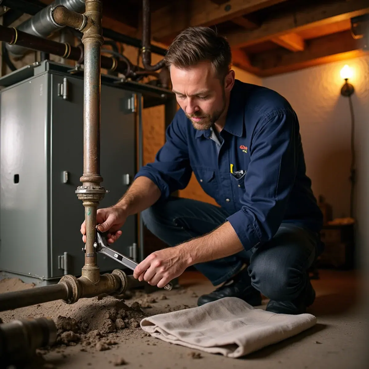 Technician replacing a steam main vent above an old converted boiler in a Nyack, NY Victorian basement