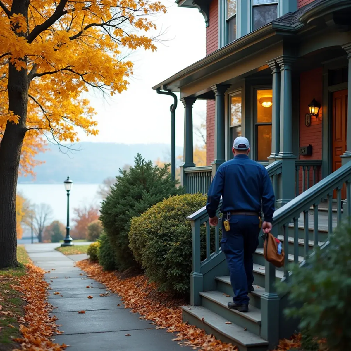 Victorian house on the hillside of Nyack, NY above the Hudson River with an HVAC technician arriving