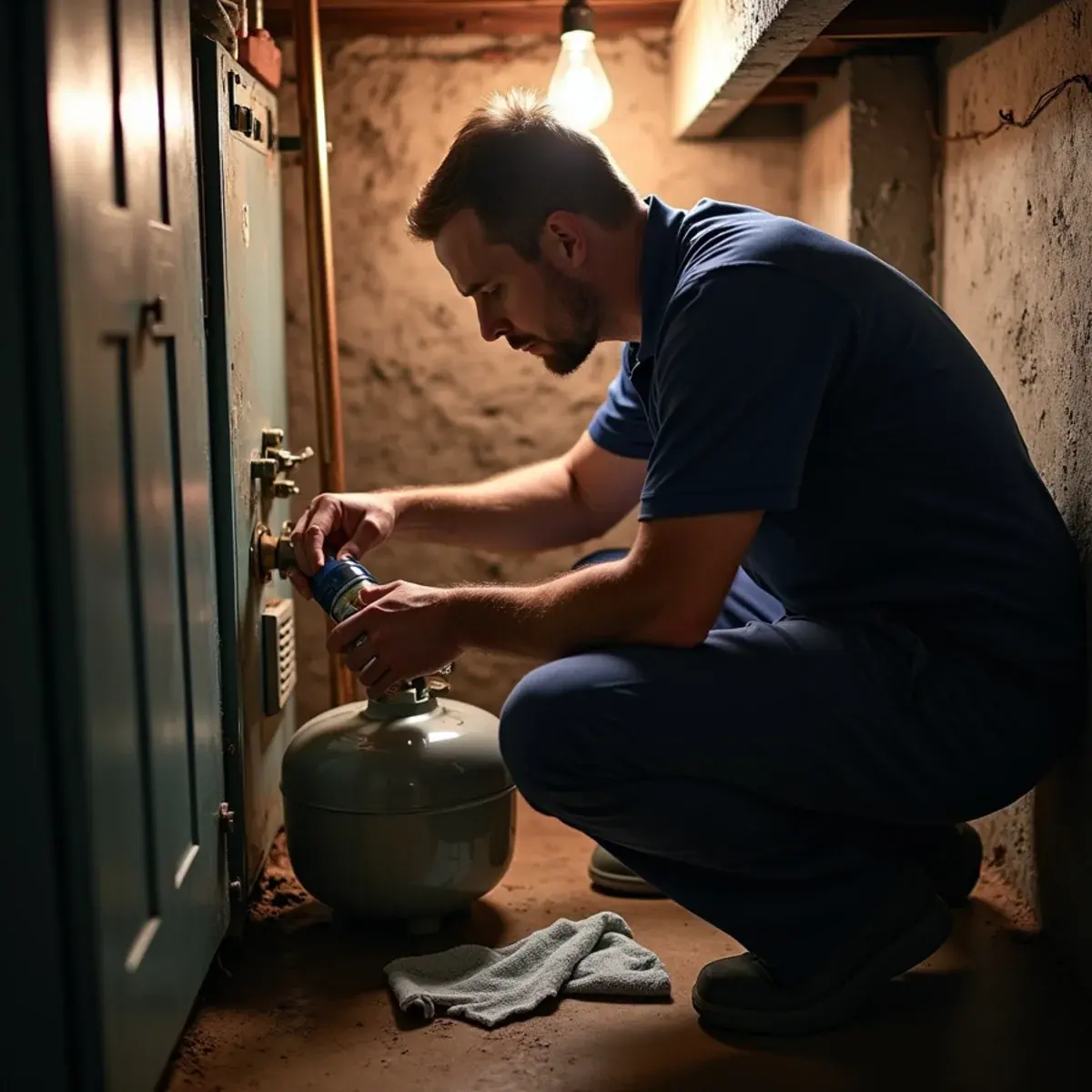 Technician changing an oil filter in a cramped, low-ceiling Ossining, NY basement