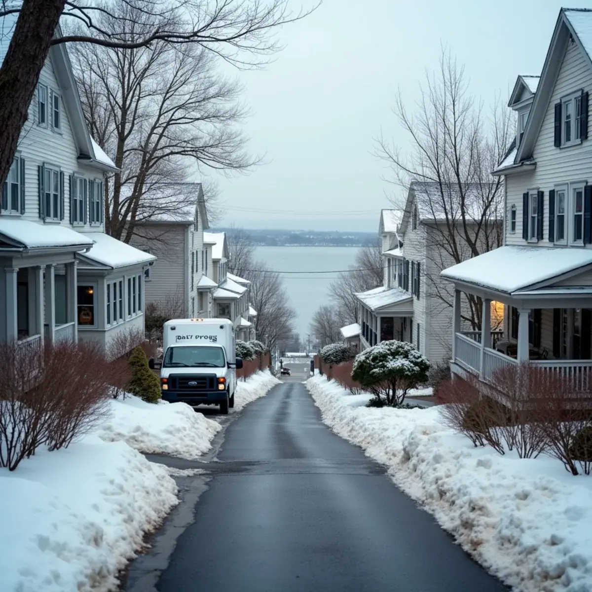 Nineteenth-century frame houses on a steep Ossining, NY street above the Hudson River