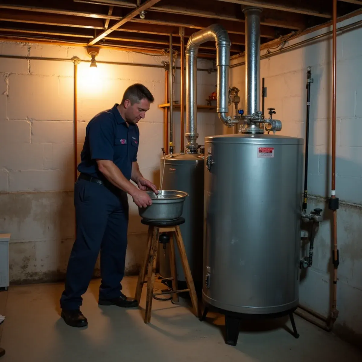 Technician changing the oil filter beside a basement oil tank in a Pearl River, NY cape