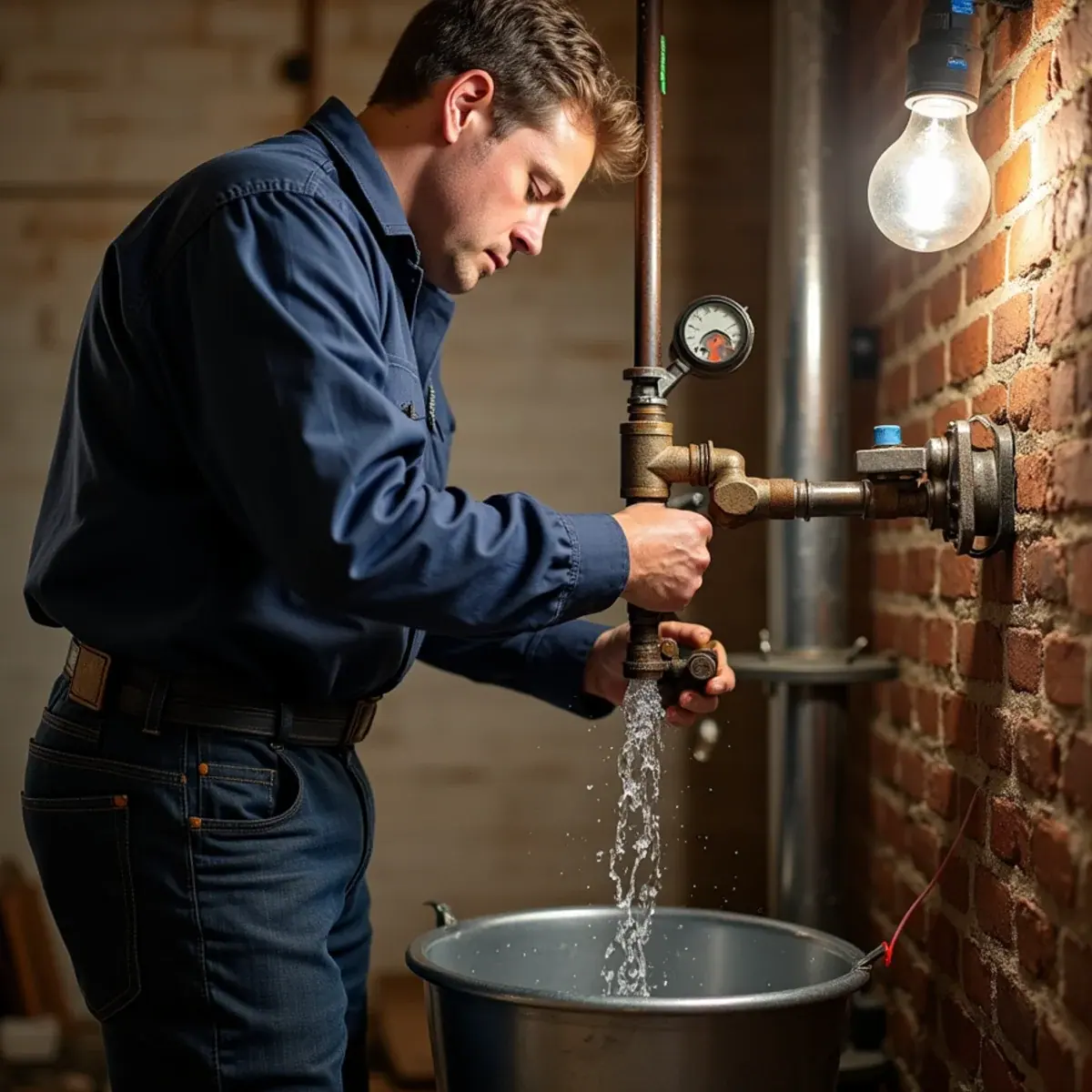 Technician flushing the low-water cutoff on a steam boiler in a Peekskill, NY two-family home