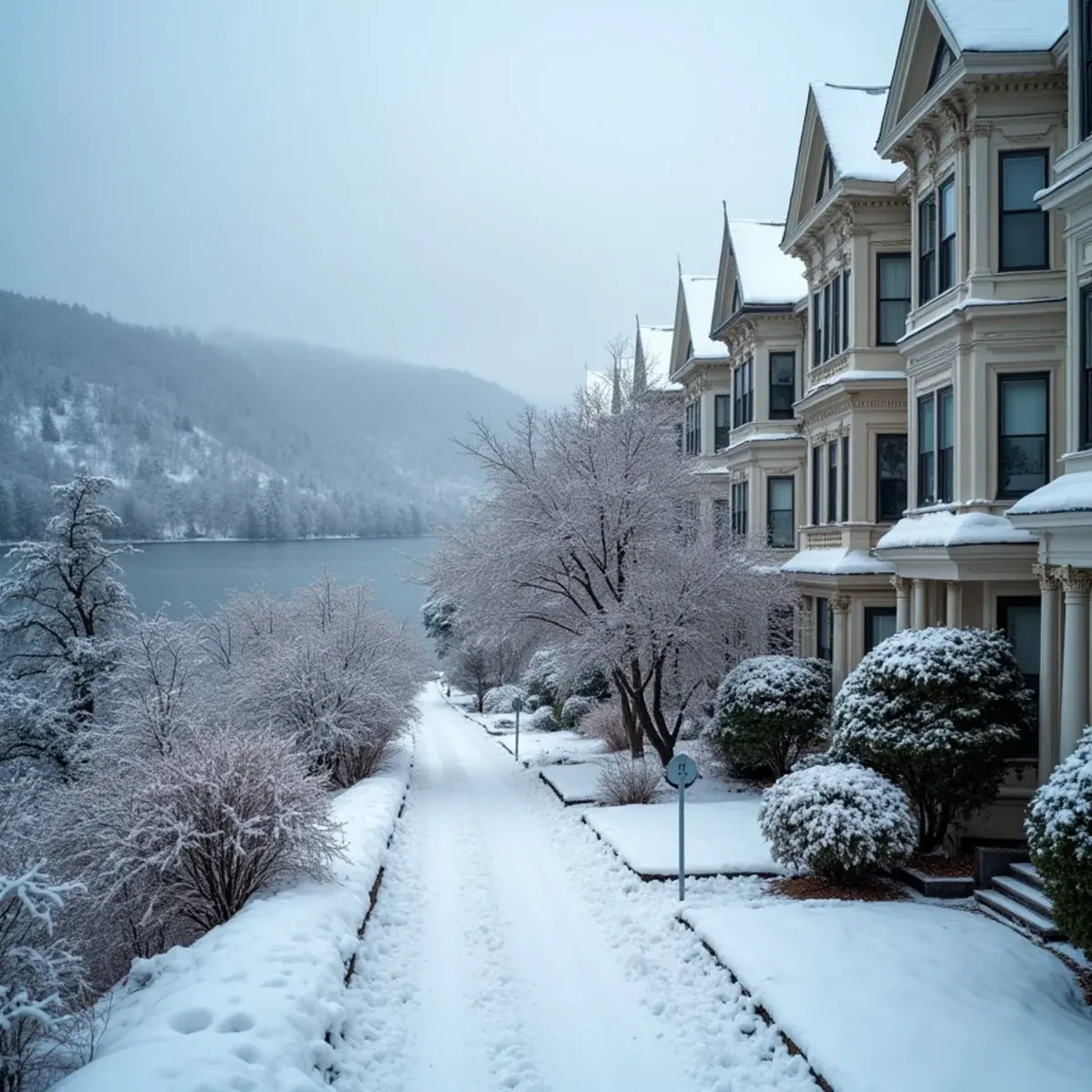 Victorian row houses and two-family homes on a hillside above the Hudson in Peekskill, NY