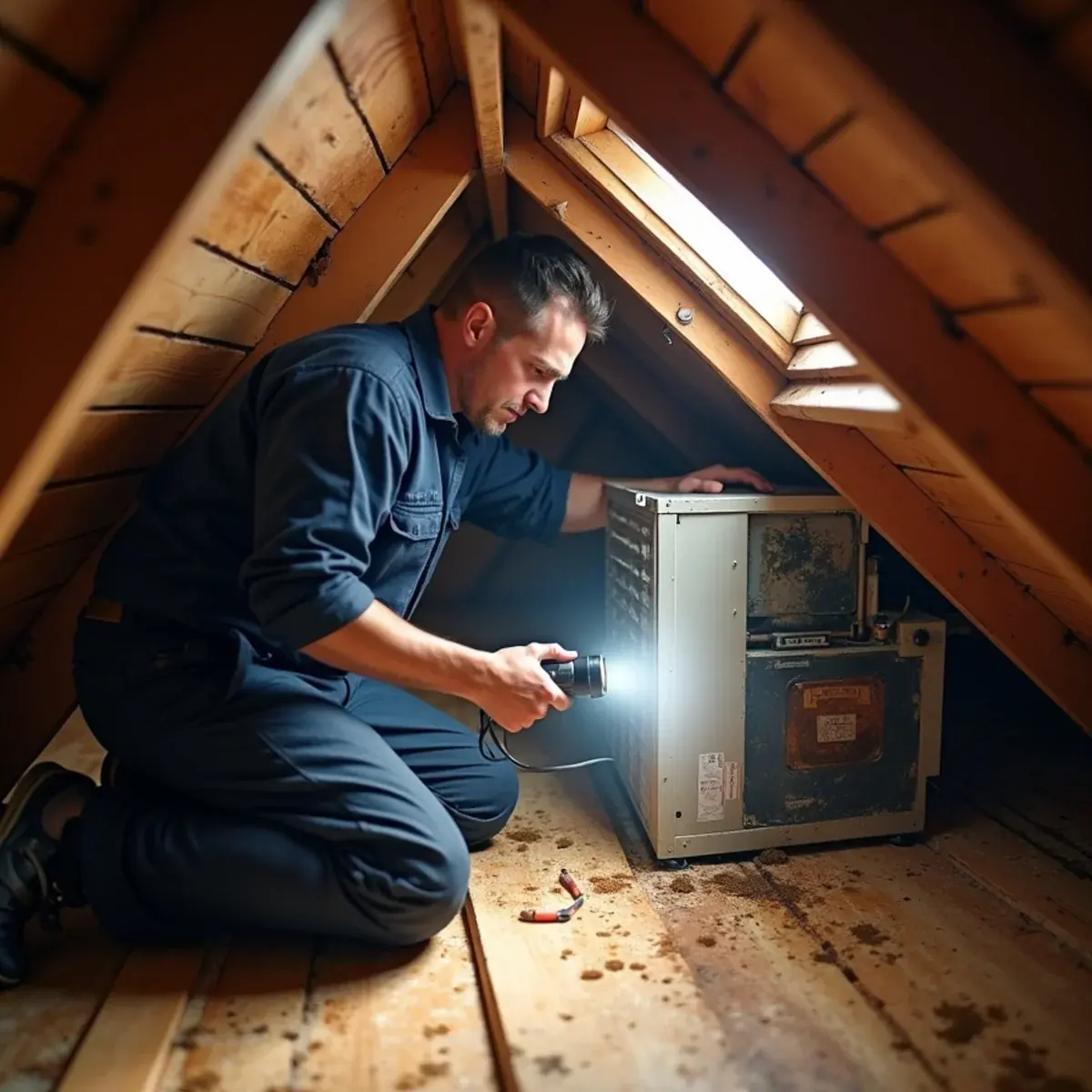 Technician clearing a clogged condensate trap on an attic air handler in a Pelham, NY home