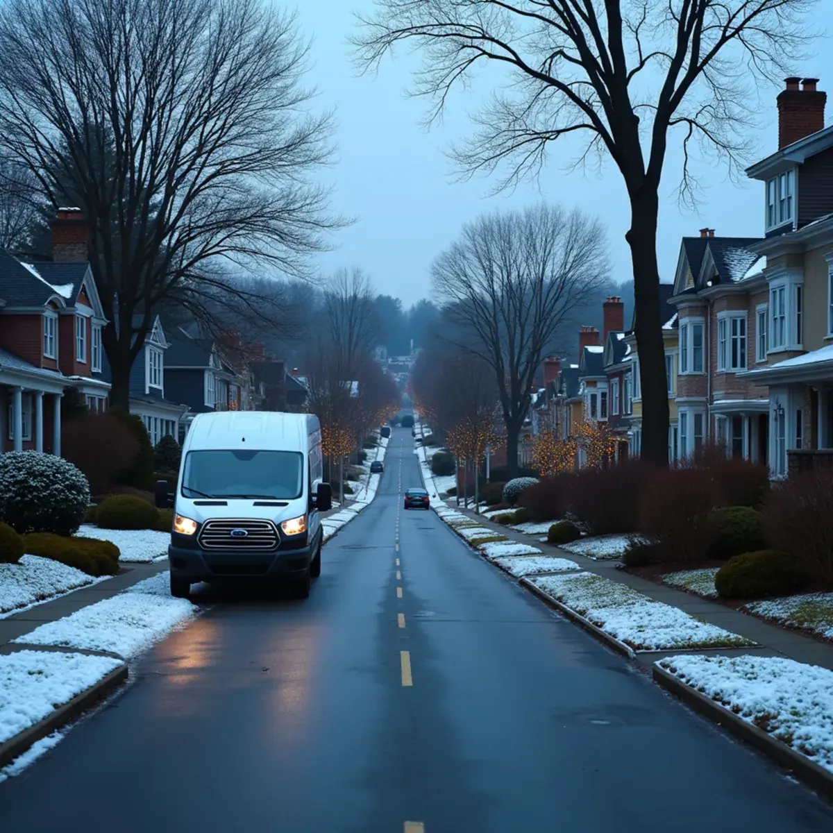 Closely spaced stucco Tudors and shingle-style homes on a hilly Pelham, NY street