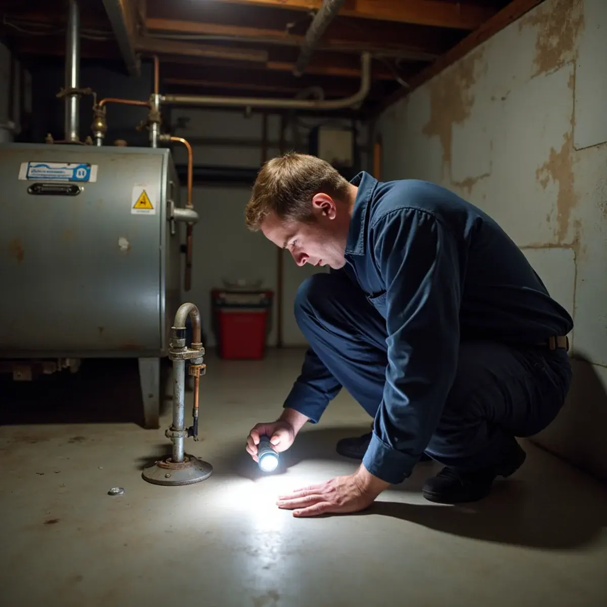 Technician inspecting an older basement oil tank beside the boiler in a Pleasantville, NY home