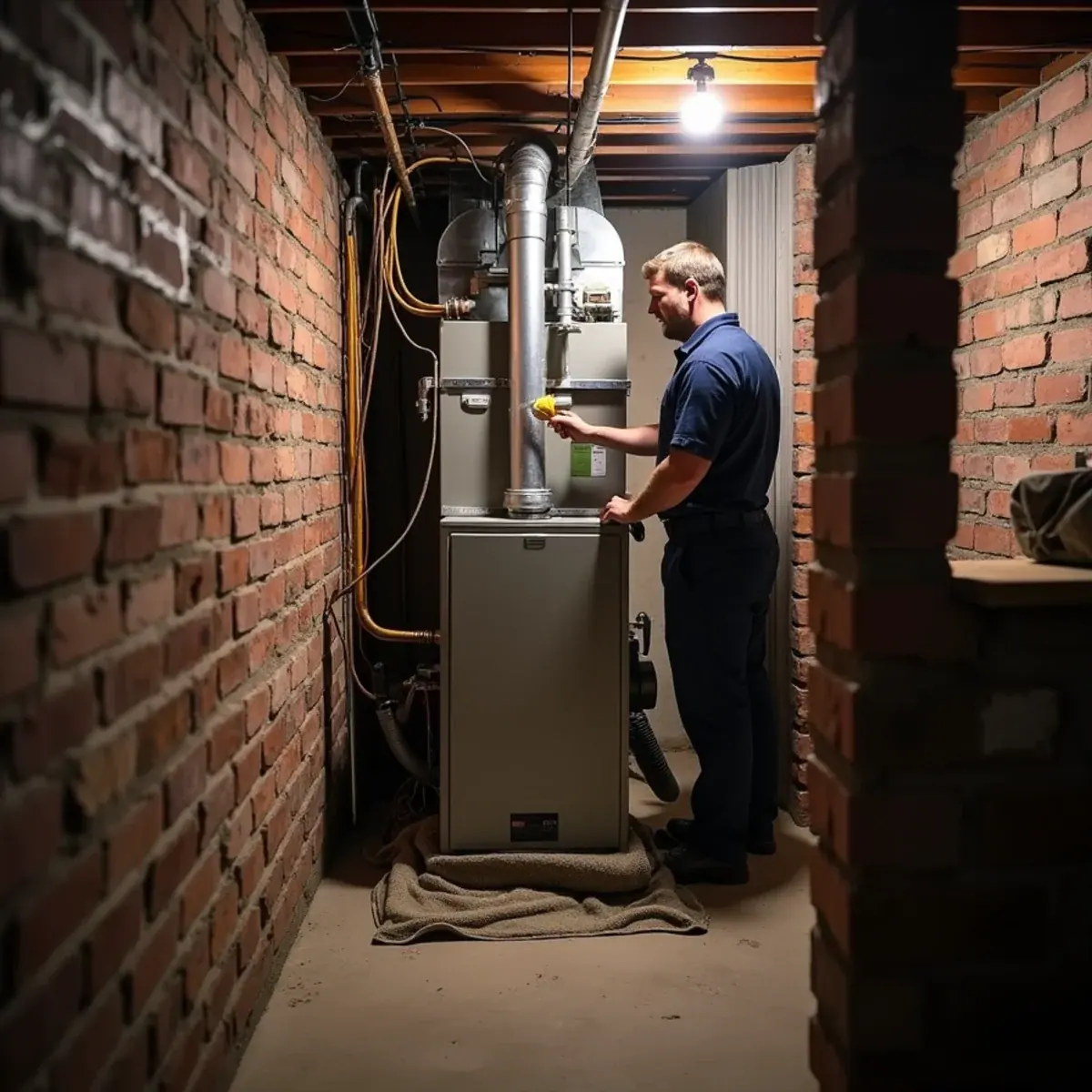 Technician cleaning the burner of a boiler heating a multi-family building in Port Chester, NY