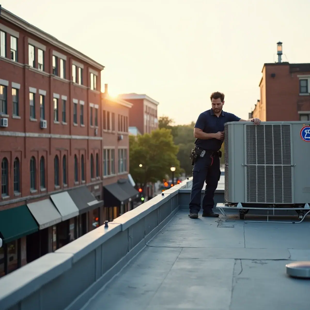 Storefronts with apartments above in Port Chester, NY and an HVAC technician on a rooftop unit