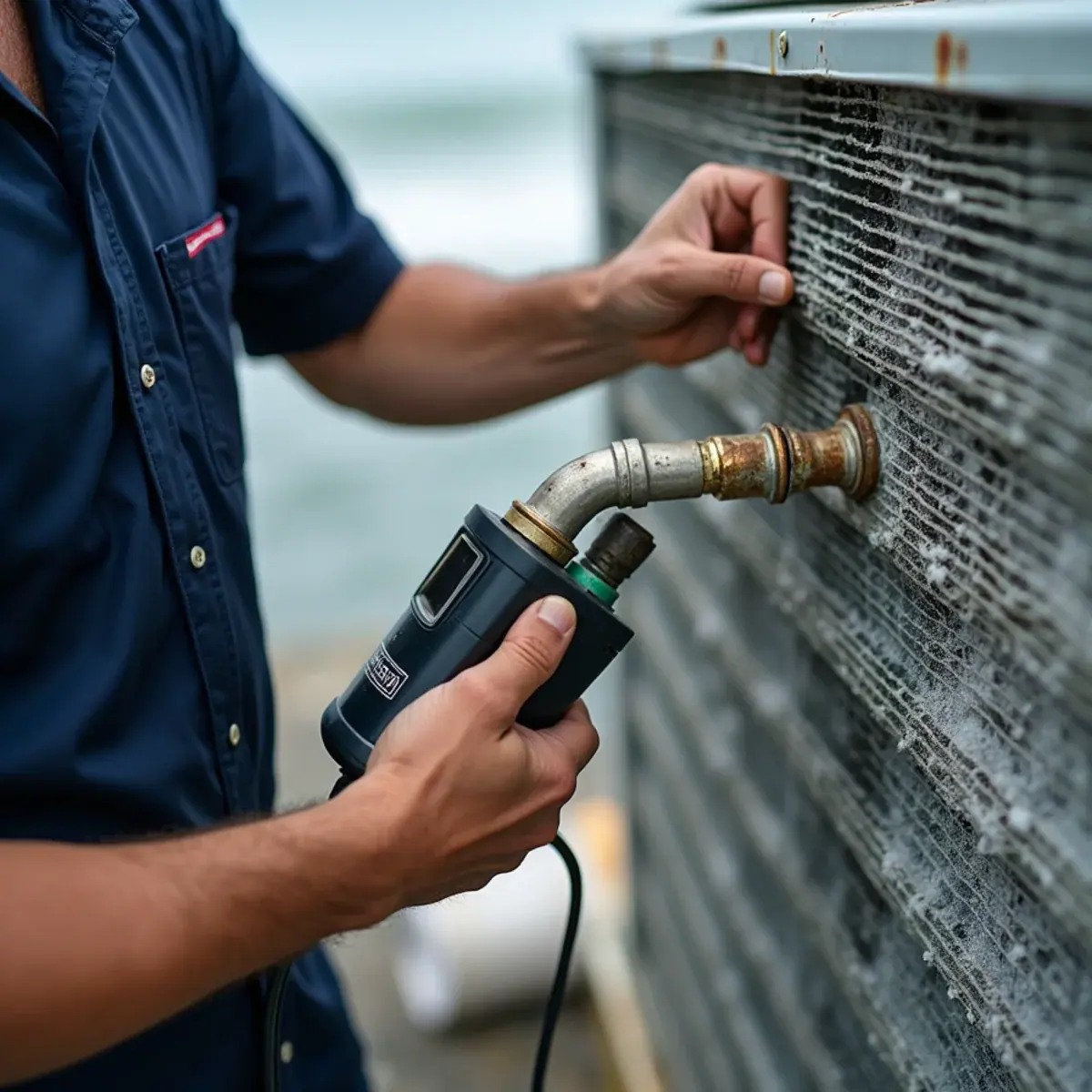 Close view of a technician inspecting a salt-corroded AC condenser coil in Port Washington, NY