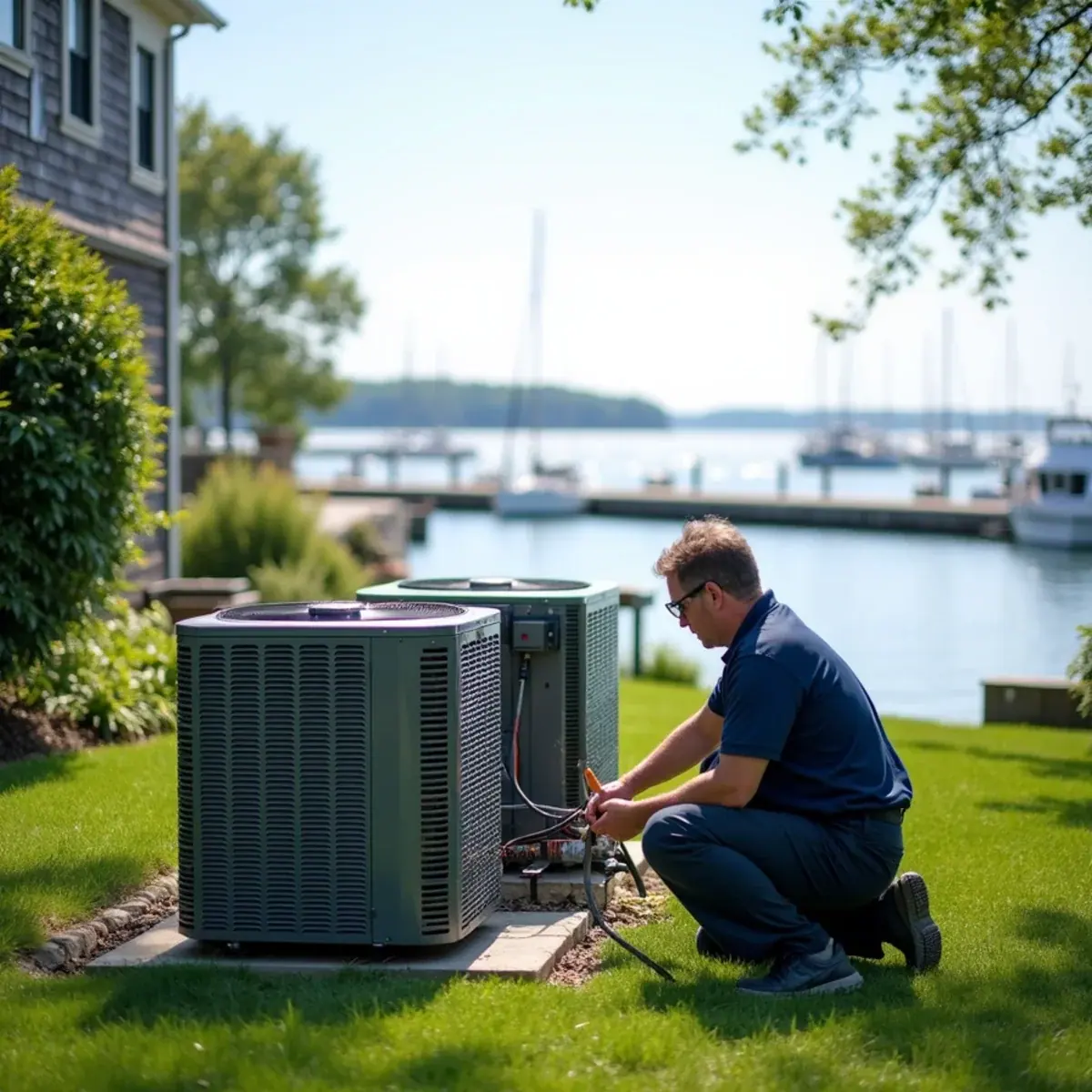 Bayfront shingle home on Manhasset Bay in Port Washington, NY with a technician at the AC condenser