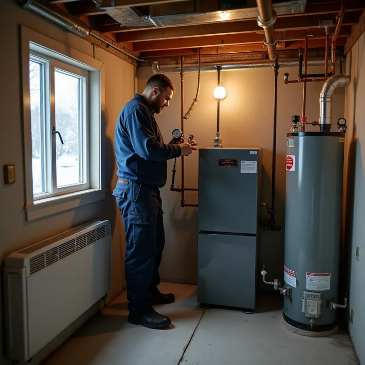 Technician servicing an oil boiler and indirect hot water tank in a Pound Ridge, NY home