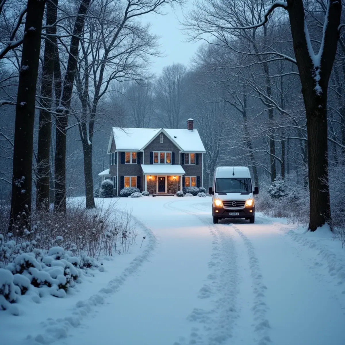 Farmhouse on a wooded multi-acre lot during a snowstorm in Pound Ridge, NY