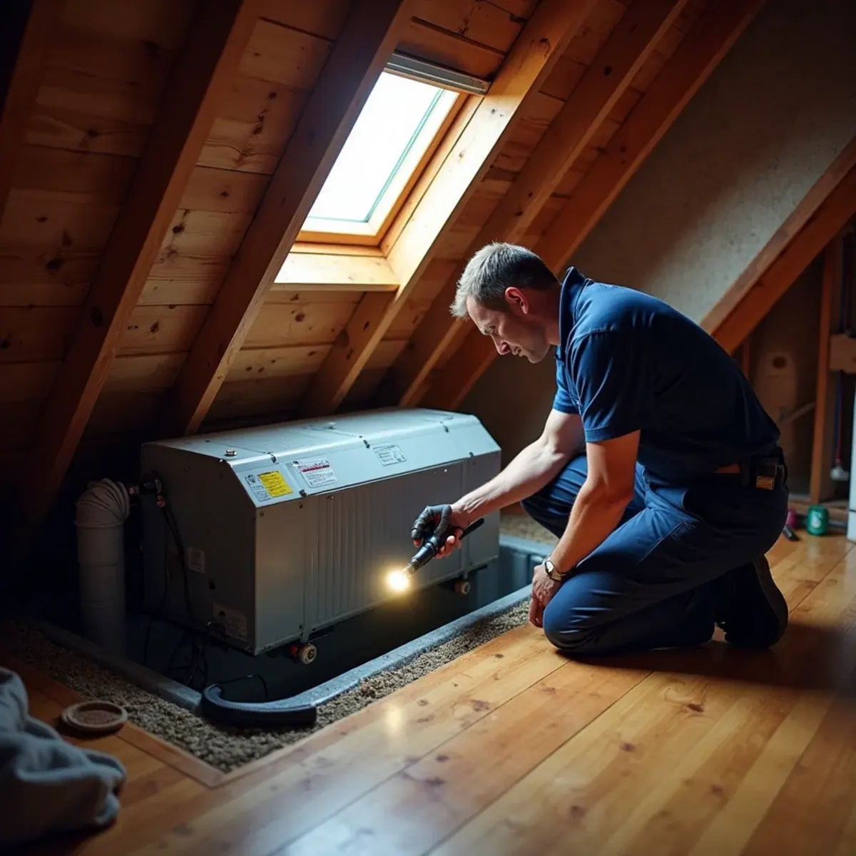 Technician inspecting an attic air handler and condensate drain pan in a Purchase, NY home