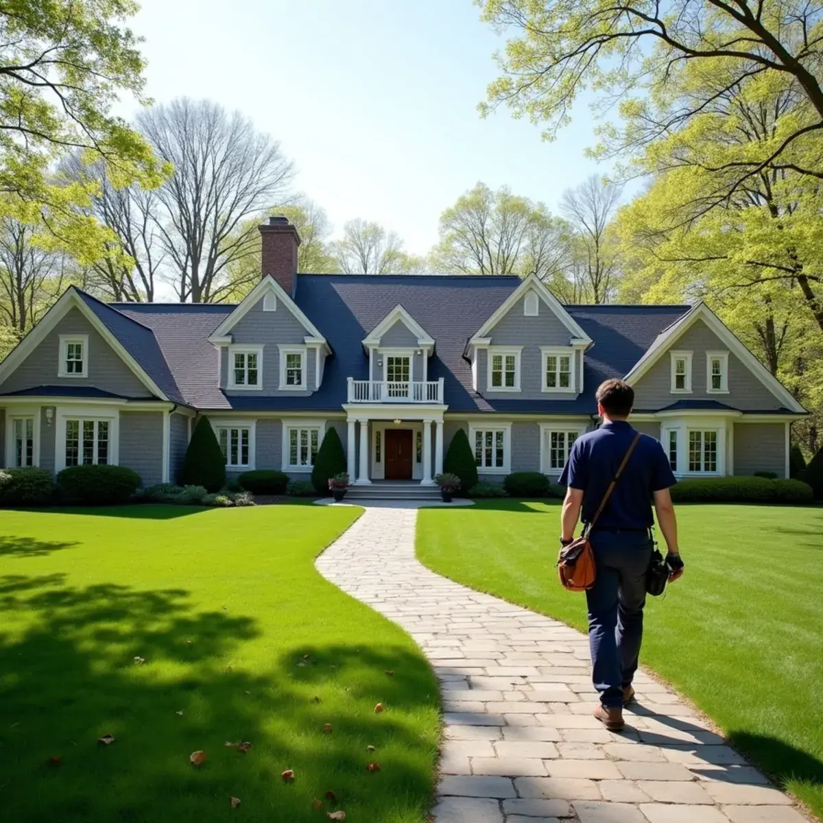 Large shingle-style home on a wooded lot in Purchase, NY with a technician walking to the side entry
