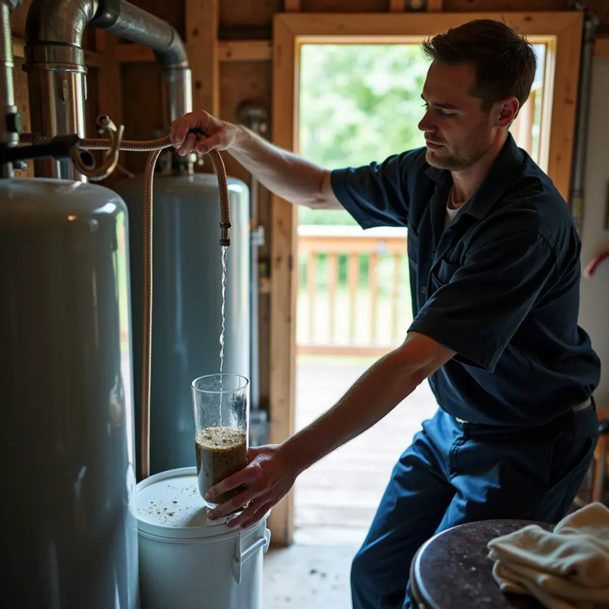 Technician draining sediment from a well-water heater beside an oil boiler in a Putnam County, NY basement
