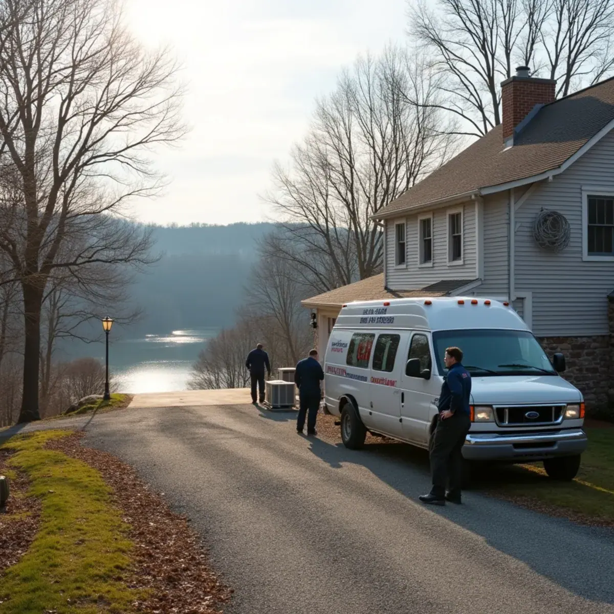 Rural Putnam County, NY colonial on a wooded multi-acre lot near a reservoir with a service van in the drive