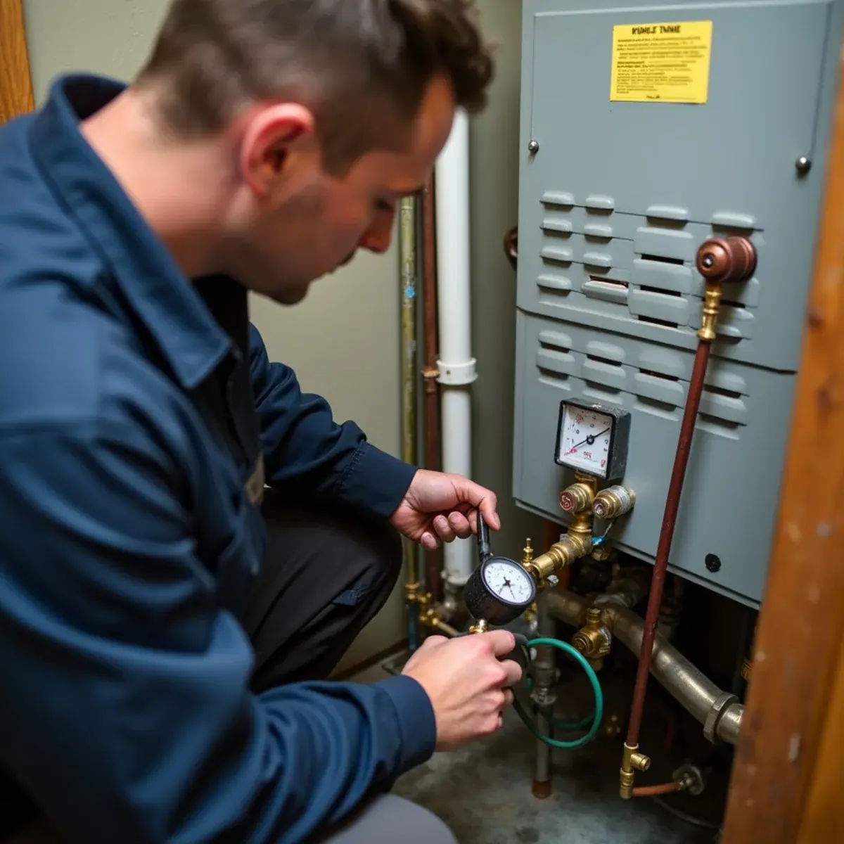 Technician purging an air-bound upstairs heating zone on a basement boiler in a Queens, NY attached home
