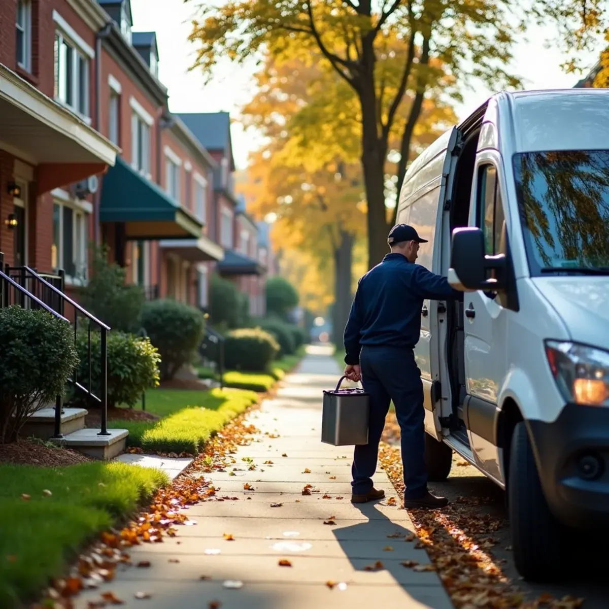 Row of attached brick homes in northeast Queens, NY with a technician unloading a plain white service van