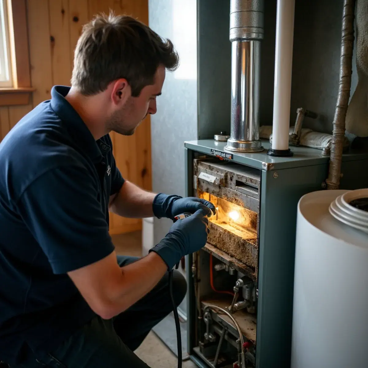 Technician opening a moldy return plenum on a furnace in a Rockland County, NY split-level lower level
