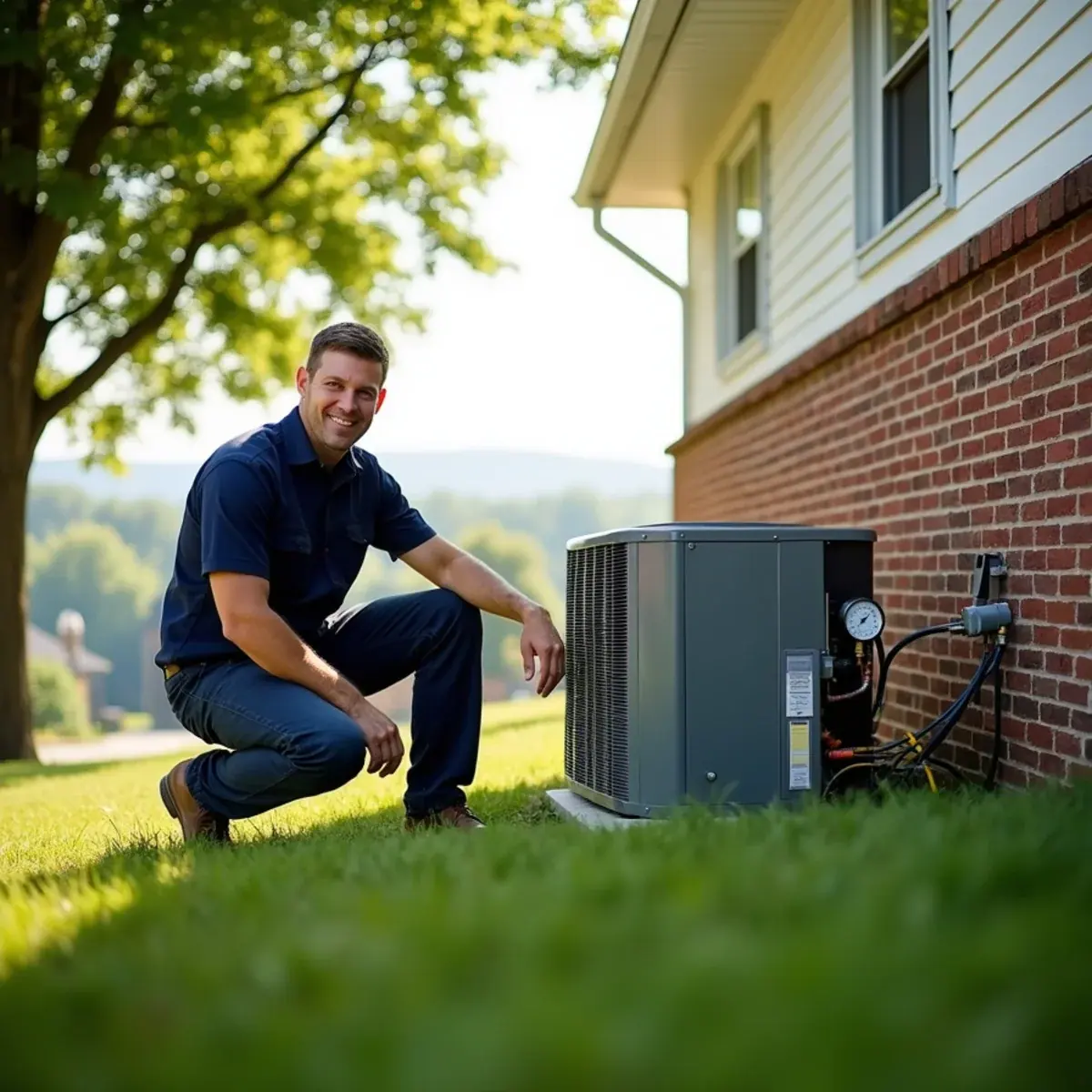 1970s split-level home in suburban Rockland County, NY with an HVAC technician servicing the central AC condenser