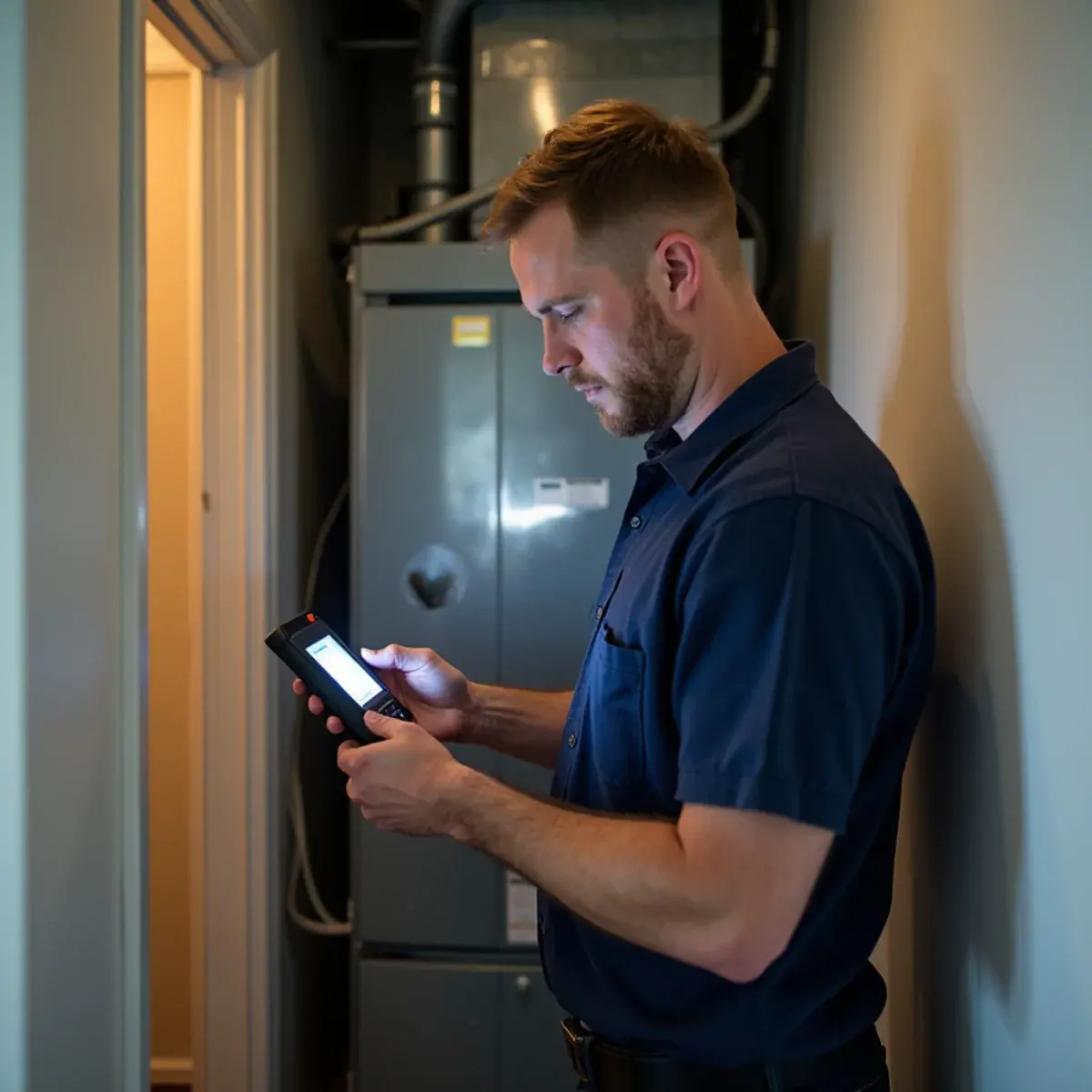 Technician checking a closet air handler in a Rye Brook, NY townhome during an AC service
