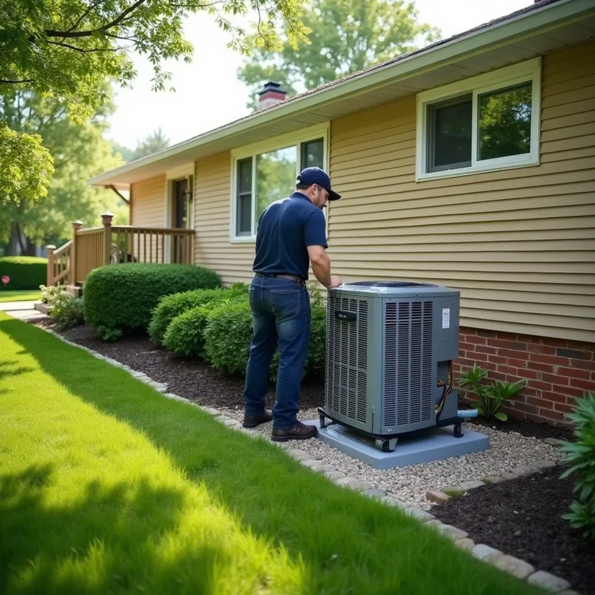 Suburban split-level home in Rye Brook, NY with a new central air condenser being installed