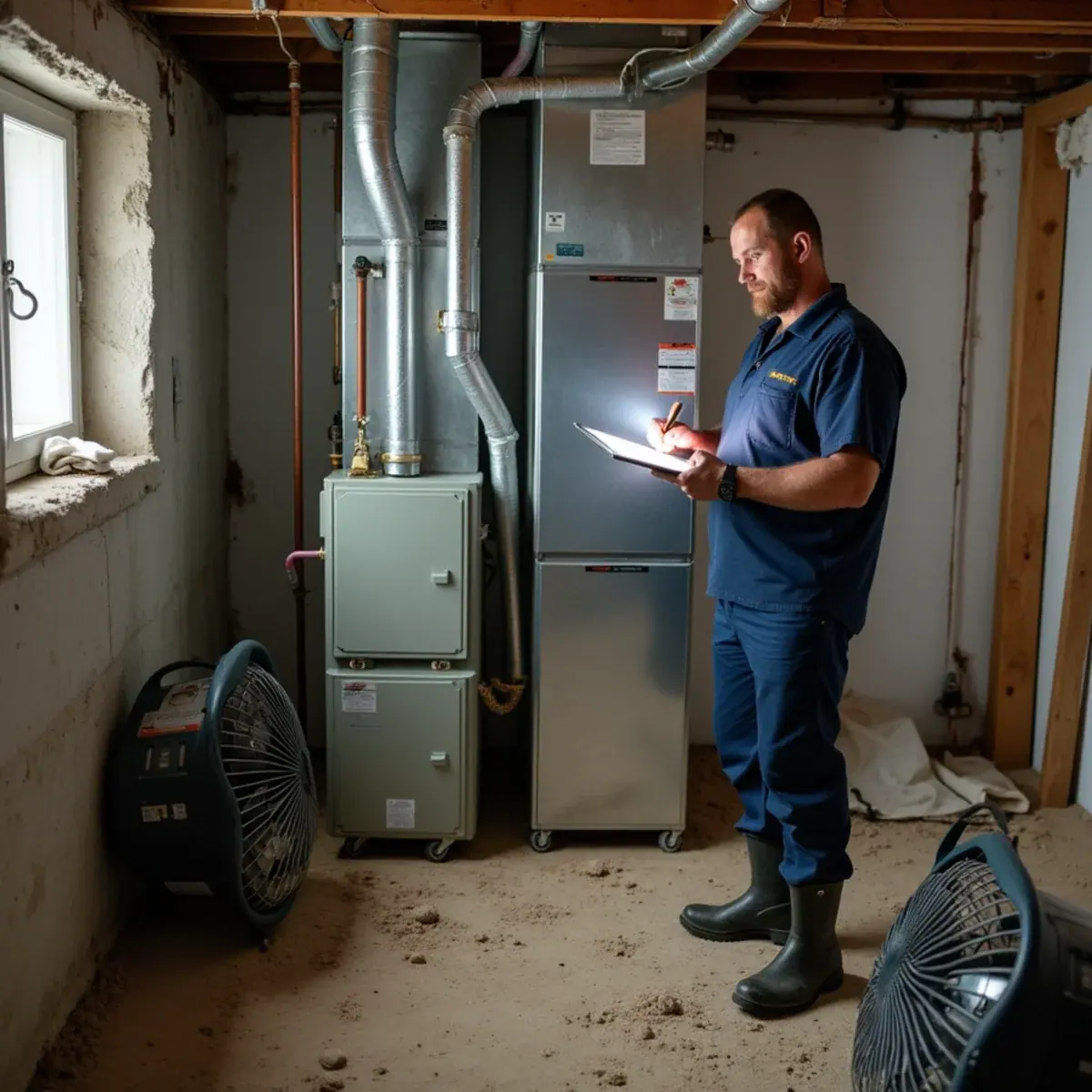 Technician assessing a flood-damaged basement furnace after a storm at a Rye, NY coastal home