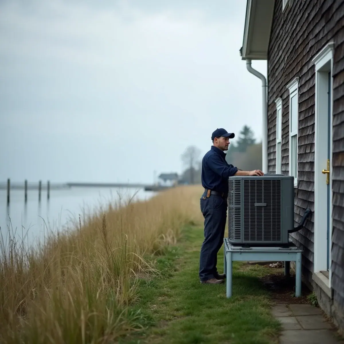 Shingle-style waterfront home in Rye, NY with an elevated condenser and a technician inspecting it