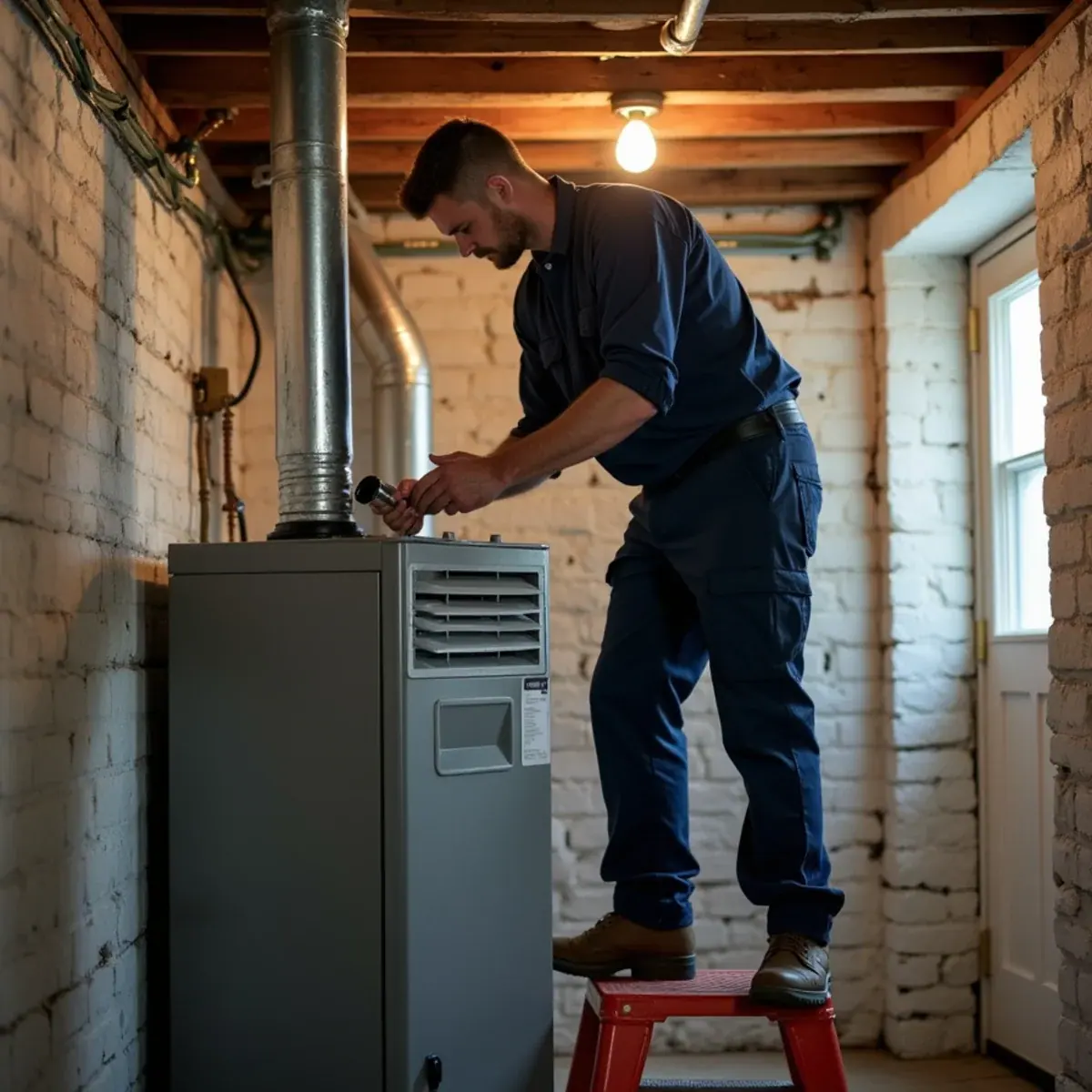 Technician replacing a main steam vent on one-pipe steam piping in a Scarsdale, NY Tudor basement
