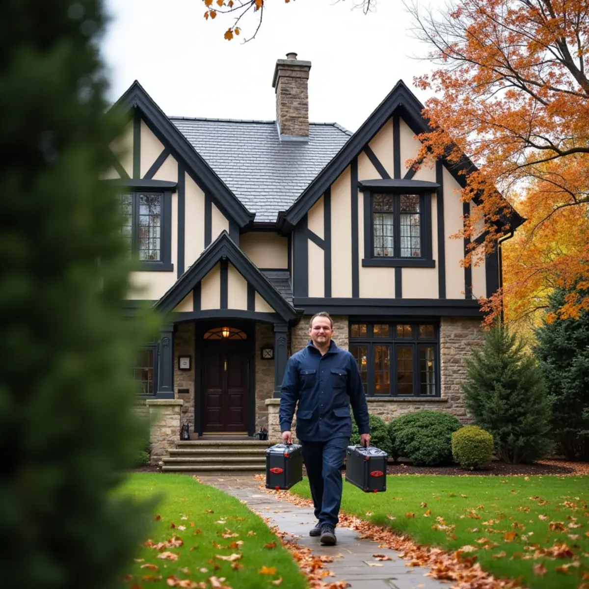 Brick-and-stucco Tudor home in Scarsdale, NY with a technician carrying tools to the basement door