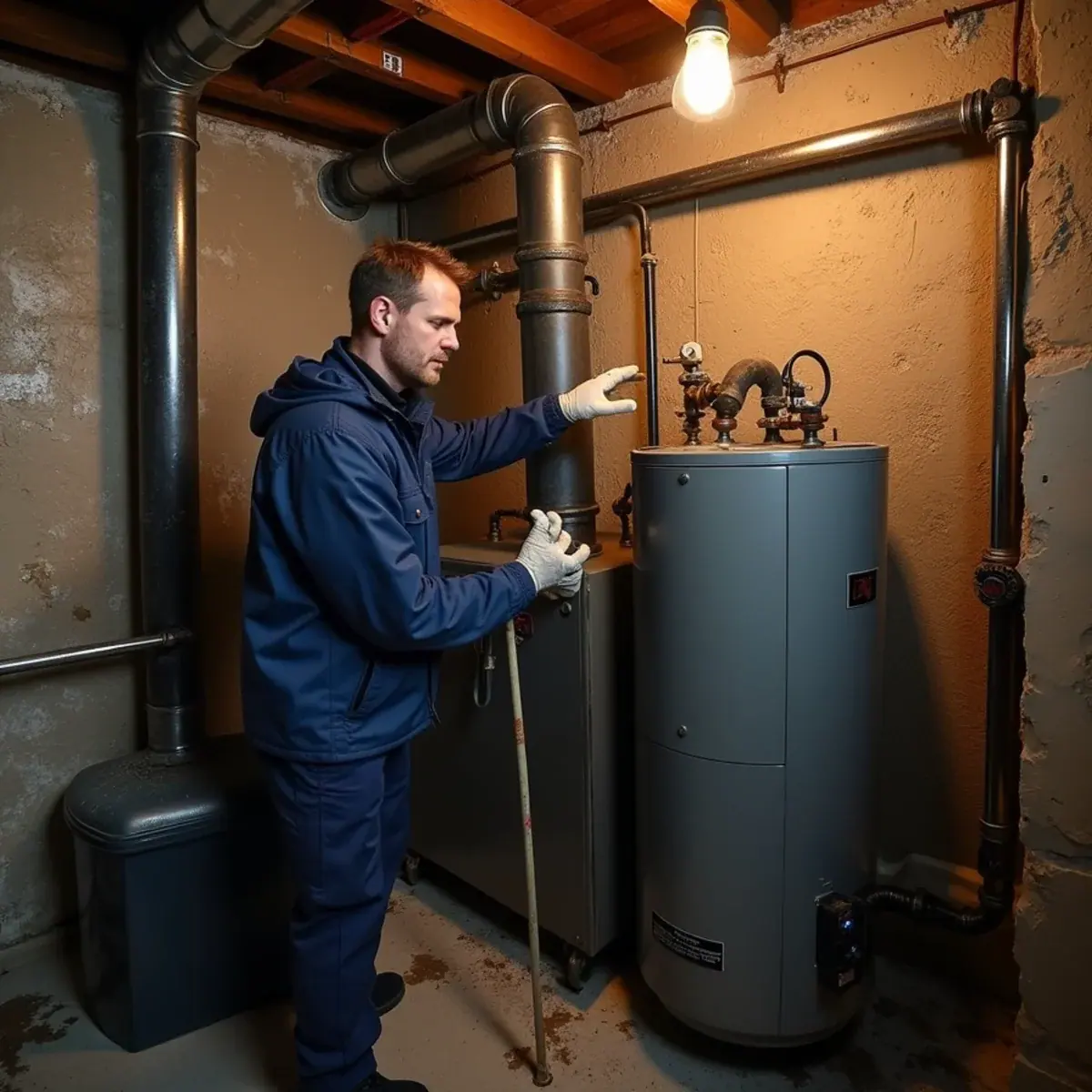 Technician tracing large gravity hot-water pipes from a boiler in a Sleepy Hollow, NY basement