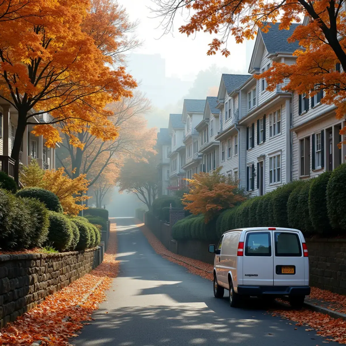 Closely spaced older frame houses and two-family homes on a sloping Sleepy Hollow, NY street