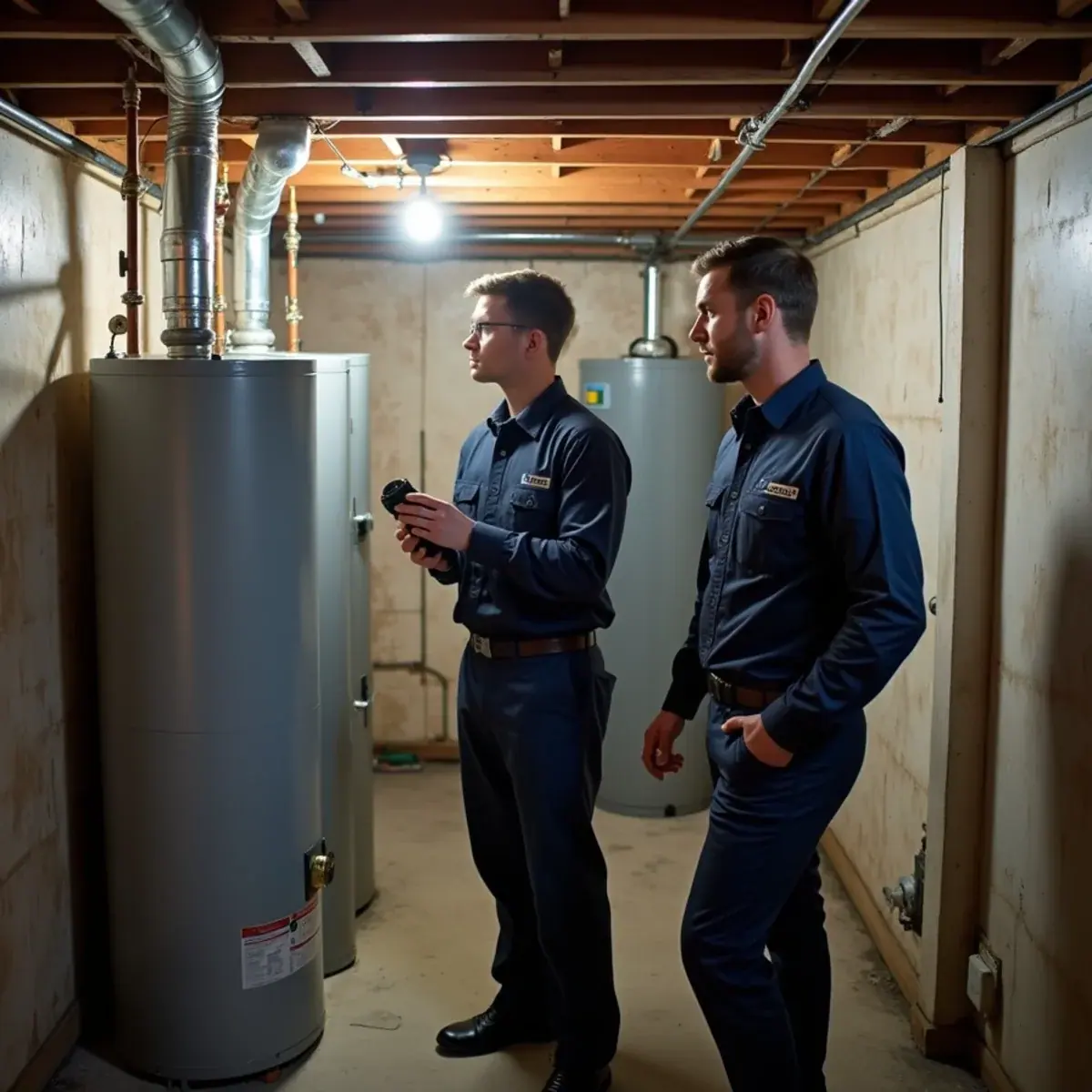 Technician testing flue draft on water heaters in a shared multi-family basement in Spring Valley, NY